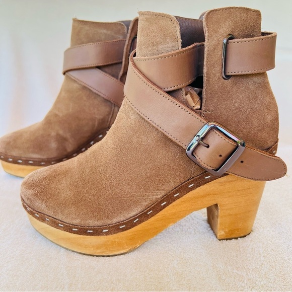 Free People Bungalow Sand Brown Suede Strappy BOHO Wooden Clog Boots SIZE 6 - Picture 4 of 13